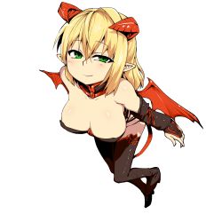 Rule 34 | 1girl, alternate costume, bad id, bad pixiv id, bare shoulders, blonde hair, breasts, bridal gauntlets, cleavage, demon girl, demon tail, demon wings, detached collar, detached sleeves, green eyes, harness, highres, horns, large breasts, looking at viewer, mizuga, mizuhashi parsee, pointy ears, short hair, simple background, solo, tail, thighhighs, touhou, white background, wings