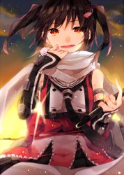 Rule 34 | 10s, 1girl, :d, bad id, bad pixiv id, bare shoulders, black gloves, black neckerchief, brown eyes, brown hair, dusk, elbow gloves, fingerless gloves, gloves, hair ornament, highres, kantai collection, looking at viewer, mizoreno (shinohara momi), neckerchief, obi, open mouth, sailor collar, sash, scarf, sendai (kancolle), sendai kai ni (kancolle), short hair, smile, solo, sunset, torpedo, two side up, white gloves, white scarf