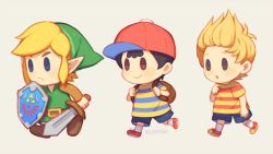 Rule 34 | black hair, blonde hair, blue eyes, brown hair, chibi, gloves, hat, link, lucas (mother 3), male focus, mother (game), mother 2, mother 3, multiple boys, ness (mother 2), nintendo, open mouth, pointy ears, shirt, short hair, simple background, smile, striped clothes, striped shirt, super smash bros., the legend of zelda, the legend of zelda: link&#039;s awakening, wasabi60, weapon