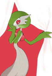 Rule 34 | 1girl, absurdres, arched back, back, bob cut, colored skin, creatures (company), curtains, female focus, from side, game freak, gardevoir, gen 3 pokemon, green hair, green skin, hands up, highres, looking back, multicolored skin, nintendo, pokemon, pokemon (creature), profile, red background, red eyes, short hair, solo, standing, tem (tem konp10), two-tone skin, white skin, wide-eyed