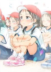 Rule 34 | 6+girls, :o, baseball cap, black hair, blue eyes, blue footwear, blue shorts, brown eyes, closed mouth, collarbone, commentary request, closed eyes, forehead, gomennasai, gym shirt, gym shorts, gym uniform, hair over shoulder, hat, highres, hugging own legs, knees up, long hair, looking away, low twintails, multiple girls, original, parted lips, pink footwear, red headwear, shirt, shoes, short shorts, short sleeves, shorts, sitting, sweat, translation request, twintails, wavy mouth, white background, white shirt, wide sleeves