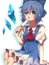 Rule 34 | 1girl, ascot, blue eyes, blue hair, cirno, collared shirt, dress, eating, food, hair between eyes, highres, ice, knees, looking at viewer, no wings, open mouth, pinafore dress, popsicle, puffy short sleeves, puffy sleeves, red ascot, renka (sutegoma25), shirt, short sleeves, sitting, sleeveless dress, solo, teeth, touhou, uneven eyes, upper teeth only