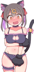 Rule 34 | 1girl, 3:, @ @, animal ear fluff, animal ears, animal hands, arm under breasts, bare arms, bell, black bra, black choker, black hair, black pantyhose, blush, bra, breasts, bridal garter, brown eyes, cat cutout, cat ears, cat lingerie, cat tail, choker, clothing cutout, collarbone, commentary, copyright name, cosplay, cowboy shot, embarrassed, fang, frilled bra, frilled choker, frilled panties, frills, frown, full-face blush, gloves, groin, hair between eyes, hair ornament, hairclip, highres, jingle bell, lelex, long hair, looking at viewer, medium breasts, meme attire, multicolored hair, navel, onii-chan wa oshimai!, open mouth, oyama mahiro, oyama mahiro (cosplay), oyama mihari, panties, pantyhose, paw gloves, purple hair, skin fang, solo, sweatdrop, tail, tail bell, tail ornament, twintails, two-tone hair, underwear