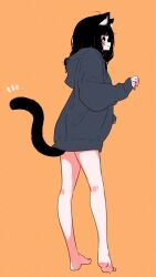 Rule 34 | 1girl, ahoge, animal ear fluff, animal ears, barefoot, black eyes, black hair, bottomless, cat ears, cat girl, cat tail, commentary, emphasis lines, from behind, full body, grey hoodie, heel up, highres, hood, hoodie, megateru, orange background, original, oversized clothes, sleeves past wrists, solo, tail, thighs