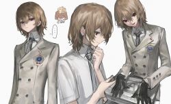Rule 34 | ..., 1boy, :d, absurdres, akechi gorou, badge, black gloves, bow, bowtie, brown hair, buttons, chibi, chibi inset, chinese commentary, closed mouth, coat, collared shirt, diurtion, double-breasted, food, gloves, hair between eyes, highres, holding, jacket, long sleeves, looking at viewer, male focus, multiple views, necktie, open mouth, pancake, pancake stack, persona, persona 5, red eyes, shirt, short hair, sidelocks, simple background, smile, speech bubble, spoken ellipsis, striped bow, striped bowtie, striped clothes, striped necktie, upper body, white background, white shirt