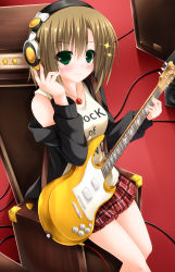 Rule 34 | 10s, 1girl, amplifier, audio jack, bad id, bad pixiv id, box, breasts, brown hair, cable, clothes writing, electric guitar, eyebrows, green eyes, guitar, headphones, highres, idolmaster, idolmaster cinderella girls, instrument, jacket, looking at viewer, plaid, plaid skirt, red skirt, shocchan (sanymph), short hair, sitting, sitting on object, skirt, sparkle, string, tada riina