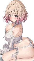 Rule 34 | 1girl, absurdres, ass, blush, breasts, butt crack, cleavage, highres, indie virtual youtuber, large breasts, looking at viewer, meme attire, pointy ears, smile, solo, sweater, teeth, underwear, viola ethereal, virgin destroyer sweater, virtual youtuber, vitaminechan, wide hips