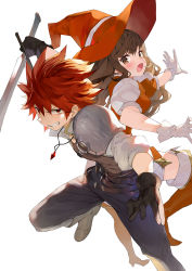 Rule 34 | 1boy, 1girl, armor, back-to-back, black gloves, blue pants, boots, brown eyes, brown hair, fighting stance, gaou (umaiyo puyoman), gloves, grin, highres, holding, holding sword, holding weapon, jewelry, long hair, looking at viewer, necklace, open mouth, orange footwear, orange headwear, original, pants, pauldrons, shoulder armor, simple background, smile, sword, thigh boots, thighhighs, weapon, white background, white gloves