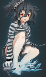 Rule 34 | 1girl, absurdres, black hair, breasts, chain, cuffs, eyebrows hidden by hair, frills, full body, ghost tail, grey background, hair between eyes, hair ornament, highres, knee up, long hair, long sleeves, looking at viewer, makai (asmx4455), miyadeguchi mizuchi, parted lips, ponytail, prison clothes, red eyes, shackles, simple background, sitting, skull hair ornament, small breasts, smile, solo, spoilers, teeth, touhou