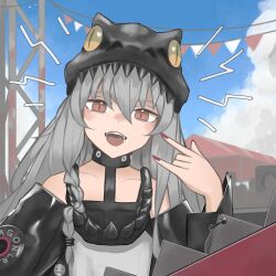 Rule 34 | 1girl, \m/, black collar, blue sky, blush, braid, brown eyes, collar, collarbone, commentary, day, english commentary, fingernails, g11 (dragon jr.) (girls&#039; frontline), g11 (girls&#039; frontline), girls&#039; frontline, grey hair, hair between eyes, hat, highres, jacket, long hair, looking at viewer, nail polish, netqwrk, off shoulder, official alternate costume, open mouth, outdoors, red nails, rocker-chic, shirt, single braid, sky, sleeveless, sleeveless shirt, slit pupils, solo focus, straight-on, string of flags, teeth, upper body, very long hair