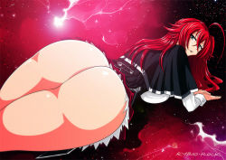 Rule 34 | 10s, 1girl, ass, blue eyes, breast press, breasts, from behind, high school dxd, huge ass, large breasts, long hair, looking back, lying, on stomach, red hair, rias gremory, rybiorock, school uniform, shiny skin, skirt, solo, upskirt, wide hips