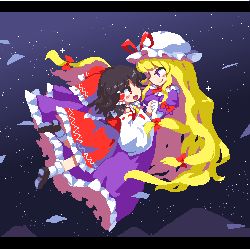 Rule 34 | 2girls, :d, black hair, blonde hair, bow, commentary request, detached sleeves, dress, eye contact, floating, frills, full body, hair bow, hair tubes, hakurei reimu, hat, japanese clothes, kumamoto (bbtonhk2), letterboxed, long hair, looking at another, lowres, miko, mob cap, multiple girls, open mouth, pixel art, purple dress, purple eyes, red bow, red eyes, ribbon-trimmed sleeves, ribbon trim, short hair, sky, smile, star (sky), starry sky, touhou, very long hair, yakumo yukari, yuri