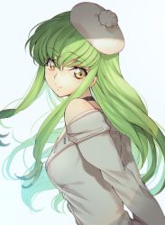 Rule 34 | 1girl, arms behind back, bare shoulders, breasts, c.c., choker, closed mouth, code geass, creayus, from side, green hair, hat, head tilt, long sleeves, looking at viewer, looking to the side, off shoulder, pom pom (clothes), sidelocks, simple background, smile, solo, upper body, yellow eyes