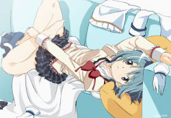 Rule 34 | 1girl, barefoot, blue eyes, blue hair, blue skirt, bow, cape, closed mouth, couch, crossed legs, fumiko (mesushi), gloves, looking at viewer, lying, magical girl, mahou shoujo madoka magica, mahou shoujo madoka magica (anime), miki sayaka, mitakihara school uniform, on back, on couch, pillow, red bow, school uniform, short hair, skirt, solo, white cape, white gloves