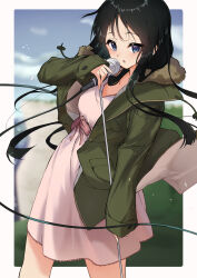 Rule 34 | 1girl, absurdres, akiyama mio, black hair, blue eyes, blurry, blurry background, blush, breasts, cable, coat, collarbone, dress, framed, highres, k-on!, kootee-on, legs, long hair, medium breasts, microphone, open mouth, outdoors, solo