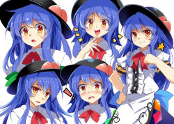 Rule 34 | !, 1girl, :d, :o, black hat, blue hair, blue skirt, blush, bow, bowtie, brown eyes, clenched hand, closed mouth, cowboy shot, d:, dress shirt, e.o., expressions, female focus, finger to mouth, food, frills, fruit, hand on own hip, happy, hat, hinanawi tenshi, laughing, leaf, long hair, looking at viewer, multiple views, open mouth, peach, puffy short sleeves, puffy sleeves, rainbow order, red bow, red bowtie, red eyes, shirt, short sleeves, shy, sidelocks, simple background, skirt, smile, star (symbol), surprised, touhou, very long hair, white background, white shirt, wide-eyed