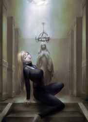 Rule 34 | 1girl, absurdres, alicia (claymore), arm support, blonde hair, bodysuit, breasts, chandelier, claymore (series), closed eyes, corrupted metadata, crossing, female focus, highres, large breasts, lips, long hair, nose, sitting, solo, stairs, statue