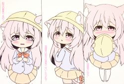 Rule 34 | 1girl, animal ears, azur lane, bell, blue shirt, blush, bow, cat ears, cat girl, cat tail, chibi, commentary request, covered mouth, ears through headwear, hair between eyes, hat, holding, holding clothes, holding hat, jingle bell, kindergarten uniform, kisaragi (azur lane), kurukurumagical, long hair, long sleeves, looking at viewer, multiple views, nose blush, parted lips, pink eyes, pink hair, pleated skirt, red bow, sailor collar, school hat, shirt, skirt, standing, tail, tail bell, tail bow, tail ornament, tears, thighhighs, translation request, unworn hat, unworn headwear, very long hair, white footwear, white sailor collar, white thighhighs, yellow hat, yellow skirt