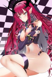 Rule 34 | 1girl, absurdres, bare shoulders, black nails, black panties, blush, bracelet, breasts, checkered background, circlet, covering privates, covering breasts, detached sleeves, earrings, baobhan sith (fate), baobhan sith (second ascension) (fate), fate/grand order, fate (series), grey eyes, hair between eyes, highres, jewelry, large breasts, long hair, looking at viewer, nail polish, navel, panties, pink hair, pointy ears, revealing clothes, solo, stomach, string, thigh strap, thighs, underwear, yafuu