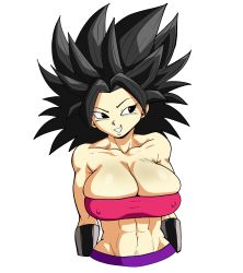 Rule 34 | 1girl, absurdres, black eyes, black hair, bracelet, breasts, caulifla, clothes, covered erect nipples, dragon ball, dragon ball super, female focus, highres, jewelry, large breasts, looking at viewer, muscular, muscular female, pseudocel, saiyan, simple background, smile, solo, white background