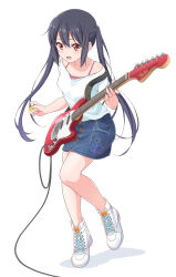 Rule 34 | 1girl, bare shoulders, black hair, blue shirt, blush, buttons, camisole, collarbone, commentary request, denim, denim skirt, dresstrip, full body, guitar, hair between eyes, highres, holding, holding instrument, instrument, k-on!, long hair, looking at viewer, nakano azusa, off-shoulder shirt, off shoulder, open mouth, pink camisole, red eyes, shirt, shoes, short sleeves, simple background, skirt, smile, sneakers, solo, strap, teeth, twintails, upper teeth only, very long hair, white background, white footwear, white shirt