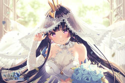 Rule 34 | 1girl, astral chronicles, bare shoulders, blurry, blurry background, blush, bouquet, breasts, bridal veil, bride, commentary, day, dress, earrings, english commentary, flower, gloves, holding, holding bouquet, indoors, jewelry, large breasts, logo, long hair, looking at viewer, nozomi yuki (astral chronicles), official art, purple eyes, purple hair, rosuuri, smile, solo, veil, wedding dress, white dress