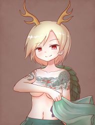 Rule 34 | 1girl, arinu, blonde hair, blue skirt, breasts, brown background, collarbone, commentary request, covering privates, covering breasts, cowboy shot, dragon horns, dragon tattoo, earrings, highres, holding, holding clothes, holding shirt, horns, jewelry, kicchou yachie, looking at viewer, medium breasts, navel, red eyes, scales, shell, shirt, short hair, simple background, skirt, slit pupils, smile, solo, tattoo, topless, touhou