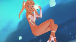 Rule 34 | 1girl, 3d, absurdres, artist request, ass, bare legs, blonde hair, blue eyes, blush, breasts, cameltoe, dancing, dark-skinned female, dark skin, fingerless gloves, fingernails, floating, full body, futaba lili ramses, gloves, hair ribbon, highleg, highleg leotard, highres, leotard, long hair, looking at viewer, magical girl, revealing clothes, ribbon, see-through, see-through leotard, shiny clothes, shiny skin, simple background, skin tight, small breasts, smile, solo, taimanin (series), taimanin rpgx, taimanin suit, tentacle and witches, thong leotard, twintails