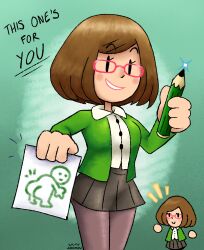 Rule 34 | 1girl, arm up, black skirt, bob cut, breasts, brown hair, buttons, cardigan, collared shirt, drawing (object), glasses, green cardigan, hand up, highres, holding, holding pencil, johnzuu, long sleeves, medium breasts, nikki (swapnote), nintendo, pantyhose, paper, parted bangs, pencil, red-framed eyewear, shirt, short hair, simple background, skirt, smile, solo, swapnote, white shirt