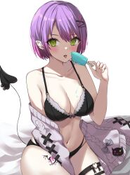 Rule 34 | 1girl, black bra, black panties, blush, bow, bow bra, bra, breasts, cardigan, cardigan partially removed, cleavage, collarbone, demon tail, ear piercing, eating, food, food on body, food on breasts, gradient hair, green eyes, hair ornament, hairpin, highres, holding, holding food, holding popsicle, hololive, large breasts, multicolored hair, navel, panties, piercing, pink hair, popsicle, purple cardigan, purple hair, short hair, sitting, solo, stomach, tail, tail ornament, tail piercing, thigh strap, tokoyami towa, tongue, tongue out, udonpan, underwear, virtual youtuber, white background, x hair ornament