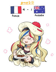 Rule 34 | 1girl, 2022 fifa world cup, australian flag, blonde hair, blue hair, blush, closed eyes, closed mouth, commandant teste (kancolle), commentary request, cropped torso, eating, food, french flag, holding, holding plate, kantai collection, long hair, long sleeves, meat, multicolored hair, open mouth, plate, red hair, scarf, simple background, solo, streaked hair, suda (yuunagi enikki), upper body, white background, white hair, world cup