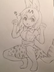 Rule 34 | 10s, 1girl, animal ears, bare shoulders, bow, bowtie, breasts, commentary request, elbow gloves, gloves, greyscale, highres, inoue kousei, kemono friends, looking at viewer, medium breasts, monochrome, open mouth, paw pose, serval (kemono friends), serval print, serval tail, shirt, short hair, skirt, sleeveless, sleeveless shirt, smile, solo, squatting, tail, thighhighs, traditional media, translated