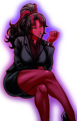 Rule 34 | 1girl, alternate color, animification, betty ross, black hair, breasts, chiba toshirou, colored skin, crossed legs, formal, high ponytail, large breasts, legs, long hair, marvel, multicolored hair, muscular, muscular female, office lady, ponytail, red hair, red she-hulk, red skin, she-hulk, shrulk, sitting, solo, thick thighs, thighs, watch, yellow eyes
