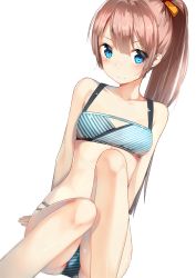 Rule 34 | 10s, 1girl, bikini, blue eyes, blush, breasts, brown hair, gin00, hair ribbon, highres, kantai collection, kazagumo (kancolle), long hair, looking at viewer, ponytail, ribbon, simple background, sitting, sketch, small breasts, solo, striped bikini, striped clothes, swimsuit, white background