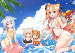 Rule 34 | 4girls, :d, animal ear fluff, animal ears, anklet, ass, bare arms, bare shoulders, bikini, black bikini, blue sky, blush, braid, breasts, brown bikini, brown eyes, brown hair, cat ears, cat girl, cat tail, chestnut mouth, closed mouth, cloud, cloudy sky, commentary request, day, dog ears, fang, green eyes, hair ornament, hairclip, heterochromia, holding, horizon, inflatable toy, jewelry, large breasts, lemon print, long hair, mao (alepricos), medium breasts, multiple girls, ocean, one-piece swimsuit, open mouth, original, outdoors, palm tree, print bikini, purple eyes, short eyebrows, silver hair, single braid, sky, smile, soles, standing, standing on one leg, striped clothes, striped one-piece swimsuit, swimsuit, tail, thick eyebrows, tree, two side up, v-shaped eyebrows, vertical-striped clothes, vertical-striped one-piece swimsuit, very long hair, wading, wardrobe malfunction, water, water gun, white bikini, yellow one-piece swimsuit