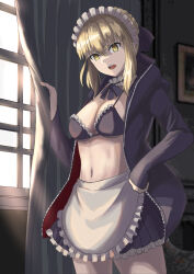 Rule 34 | 1girl, apron, artoria pendragon (all), artoria pendragon (alter swimsuit rider) (fate), artoria pendragon (alter swimsuit rider) (second ascension) (fate), artoria pendragon (fate), bikini, black bikini, blonde hair, braid, breasts, bridal garter, choker, fate/grand order, fate (series), french braid, frilled bikini, frilled choker, frills, highres, hood, hoodie, jacket, ksfactory, looking at viewer, maid, maid bikini, maid headdress, medium breasts, navel, neck garter, open clothes, open hoodie, ribbon, saber alter, short hair, solo, swimsuit, unconventional maid, waist apron, yellow eyes