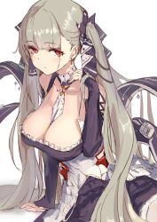 Rule 34 | 1girl, azur lane, bare shoulders, between breasts, black dress, blush, breasts, cleavage, collarbone, dress, earrings, formidable (azur lane), frilled dress, frills, grey hair, hair ribbon, highres, jewelry, large breasts, long hair, long sleeves, looking at viewer, nishin (nsn 0822), red eyes, ribbon, rigging, simple background, sitting, solo, twintails, two-tone dress, two-tone ribbon, white background