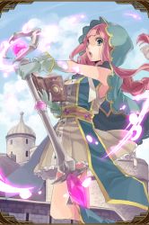 Rule 34 | 1girl, armpits, artist request, belt, blue eyes, book, boots, braid, buttons, castle, cloak, cloud, day, dress, frills, gem, gloves, glowing, grand sphere, highres, holding, holding book, holding weapon, hood, long hair, official art, open mouth, pink hair, short dress, sleeveless, solo, staff, tower, weapon
