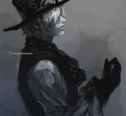 Rule 34 | 1boy, artist name, ascot, closed mouth, from side, gloves, goggles, goggles on headwear, gradient background, hat, long sleeves, male focus, monochrome, one piece, sabo (one piece), shirt, short hair, solo, top hat, tsuyomaru, upper body, vest