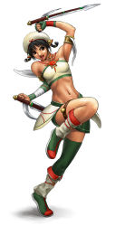 Rule 34 | 1girl, alternate costume, black hair, bladed tonfa, brown eyes, detached sleeves, happy, hat, micchii (mitchiee), midriff, navel, simple background, solo, soul calibur, soulcalibur, soulcalibur iii, talim, thighhighs, tonfa, twintails, weapon