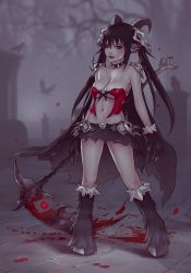 Rule 34 | 1girl, animal ears, animal hands, bad link, baphomet (monster girl encyclopedia), black cape, black fur, black hair, black skirt, blood, blood stain, bloody weapon, breasts, cape, claws, cleavage, collar, collarbone, commentary, commission, demon girl, ear piercing, english commentary, full body, fur, graveyard, hair between eyes, hooves, horns, legs apart, light smile, long hair, looking at viewer, medium breasts, microskirt, monster girl encyclopedia, navel, parted lips, piercing, red eyes, scythe, skirt, skull, solo, soranamae, spiked collar, spikes, standing, third-party source, torn cape, torn clothes, torn skirt, twintails, weapon