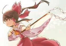 Rule 34 | 1girl, ascot, bare shoulders, bow, brown eyes, brown hair, detached sleeves, from side, gohei, hair bow, hair tubes, hakurei reimu, highres, japanese clothes, medium hair, nontraditional miko, red bow, red skirt, ribbon-trimmed sleeves, ribbon trim, sidelocks, skirt, solo, touhou, wide sleeves, yellow ascot, yutamaro