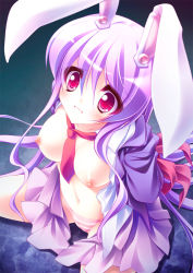 Rule 34 | 1girl, bad id, bad pixiv id, breasts, female focus, gradient background, medium breasts, necktie, nipples, open clothes, open shirt, panties, reisen udongein inaba, shirt, skirt, solo, striped clothes, striped panties, teruui, touhou, underwear