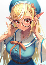 Rule 34 | 1girl, blonde hair, blue hat, braid, dark-skinned female, dark skin, dated, hat, highres, hololive, jewelry, long hair, looking at viewer, multicolored hair, necklace, pointy ears, red eyes, red neckwear, red ribbon, ribbon, round eyewear, sakumichi, shiranui flare, smile, solo, streaked hair, virtual youtuber
