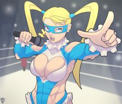 Rule 34 | 1girl, abs, blonde hair, blue eyes, breasts, cleavage cutout, clothing cutout, female focus, large breasts, leotard, long hair, microphone, muscular, muscular female, rainbow mika, solo, street fighter, street fighter v, twintails, wolfadeart