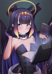 Rule 34 | 1girl, absurdres, ao-chan (ninomae ina&#039;nis), black gloves, black hair, blue eyes, blunt bangs, blush, book, breasts, collarbone, detached collar, detached sleeves, gloves, halo, highres, holding, holding book, hololive, hololive english, looking at viewer, mole, mole under eye, mr2d, ninomae ina&#039;nis, ninomae ina&#039;nis (1st costume), open book, parted lips, pointy ears, single detached sleeve, small breasts, solo, stylus, tablet pc, tentacles, virtual youtuber