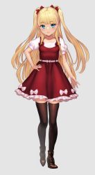 Rule 34 | 1girl, black thighhighs, blonde hair, blue eyes, blunt bangs, blush, boots, bow, breasts, dress, full body, grey background, hair bow, hand on own hip, high heel boots, high heels, highres, long hair, original, puffy short sleeves, puffy sleeves, red dress, short sleeves, simple background, skindentation, small breasts, solo, thighhighs, two side up, yapo (croquis side)