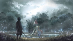 Rule 34 | 1boy, arms at sides, bare tree, black hair, cloud, cloudy sky, coat, commentary request, flag, forest, from behind, highres, island, light particles, mimero (mi meronpan), nature, original, playground, pond, short hair, signature, sky, slide, standing, sword, tree, weapon