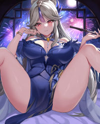 Rule 34 | 1girl, blue dress, bracelet, breasts, closed mouth, commentary request, docozi, dress, fireworks, genshin impact, hair ornament, hair tassel, hands up, holding, holding smoking pipe, indoors, jewelry, knees up, large breasts, long hair, looking at viewer, m legs, ningguang (genshin impact), ningguang (orchid&#039;s evening gown) (genshin impact), paid reward available, red eyes, silver hair, smile, smoking pipe, solo, spread legs, tassel, tassel hair ornament, very long hair, window