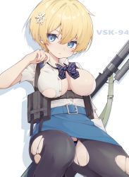 1girl, aka kan, ammunition pouch, bangs, belt, blonde hair, blue eyes, blue skirt, bow, bowtie, breasts, cleavage, collared shirt, girls frontline, gun, hair ornament, highres, large breasts, open clothes, open shirt, panties, pantyhose, pouch, shirt, short hair, skirt, snowflake hair ornament, solo, torn clothes, torn legwear, torn shirt, underwear, vsk-94, vsk-94 (girls frontline), weapon, white background, white shirt